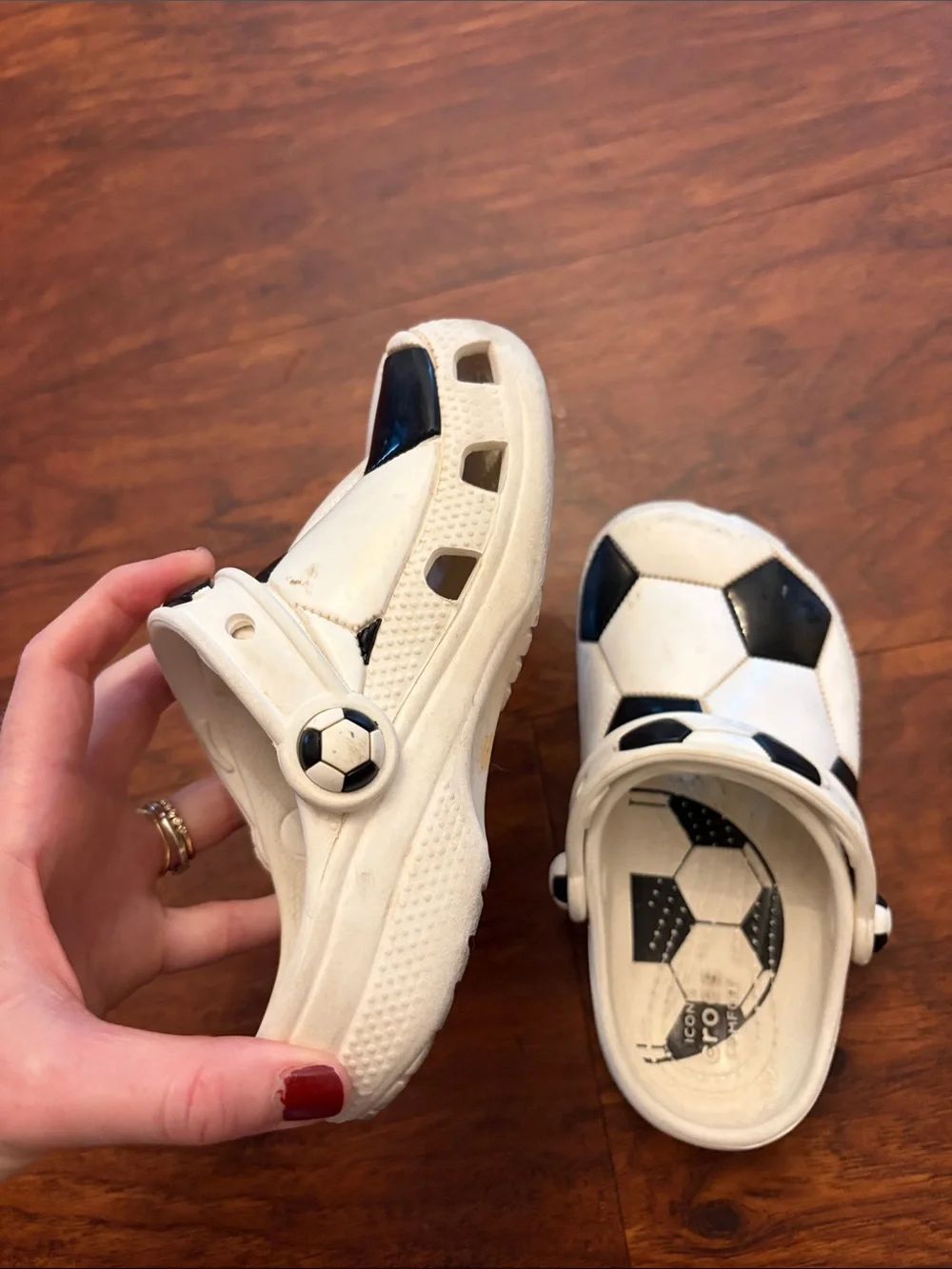 Kids White and Black Soccer Print Crocs- Comfortable Play Shoes